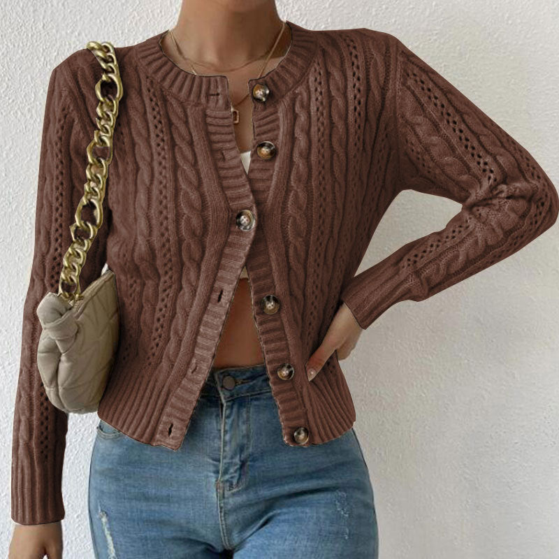 Cropped Cable Knit Cardigan - Button Front Knit Sweater