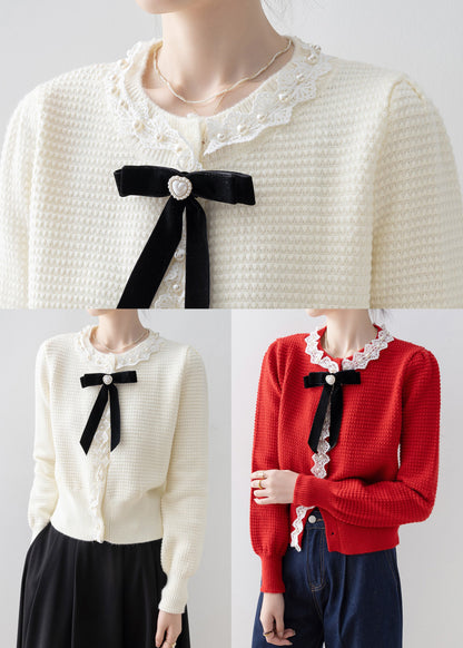 Fine White Bow Nail Bead Knit Loose Coat Winter