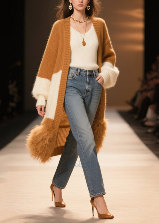 Fitted Coffee Oversized Patchwork Faux Fur Knit Long Cardigans Winter