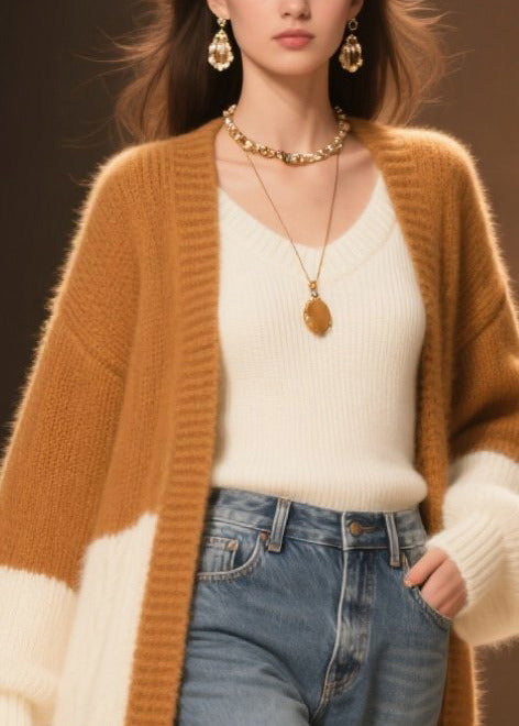 Fitted Coffee Oversized Patchwork Faux Fur Knit Long Cardigans Winter