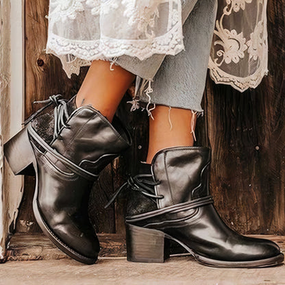 Leather – Western Style – Block Heel – Wrapped Lacing Detail