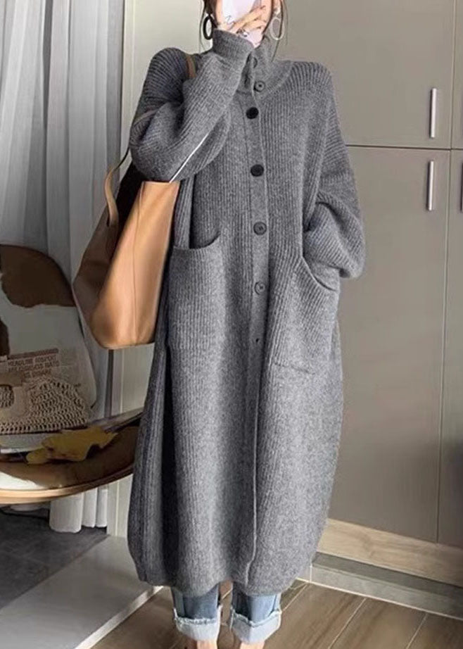 Grey Turtleneck Pockets Button Cozy Cotton Knit Sweaters Coats Long Sleeve