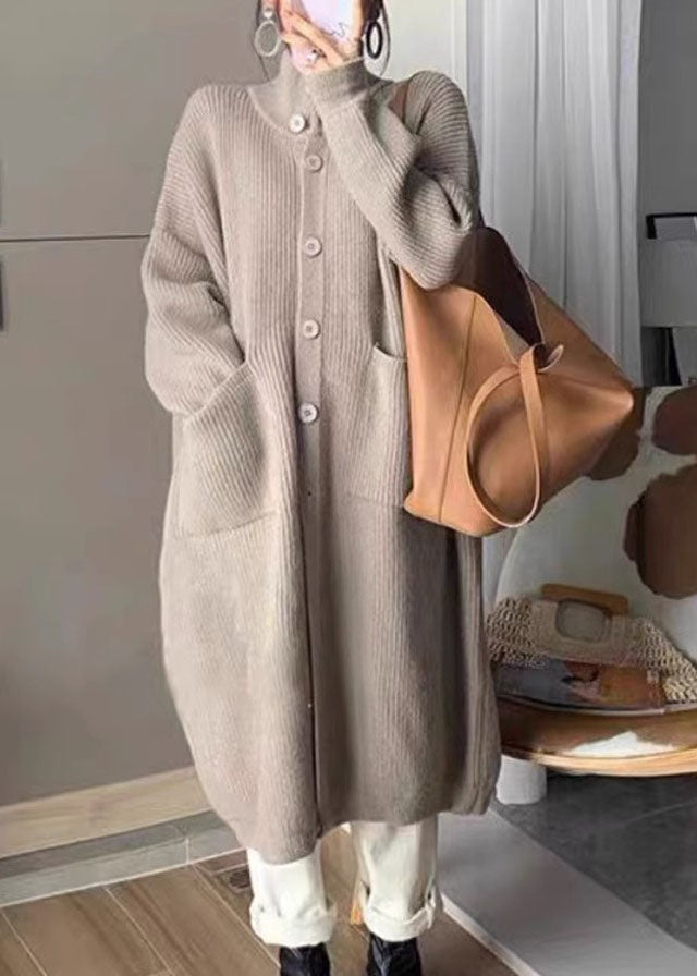 Grey Turtleneck Pockets Button Cozy Cotton Knit Sweaters Coats Long Sleeve