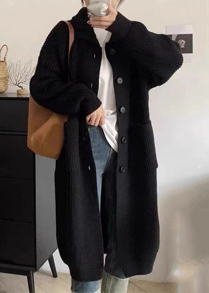 Grey Turtleneck Pockets Button Cozy Cotton Knit Sweaters Coats Long Sleeve