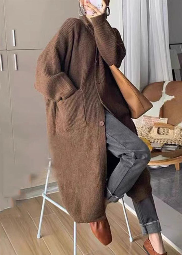 Grey Turtleneck Pockets Button Cozy Cotton Knit Sweaters Coats Long Sleeve