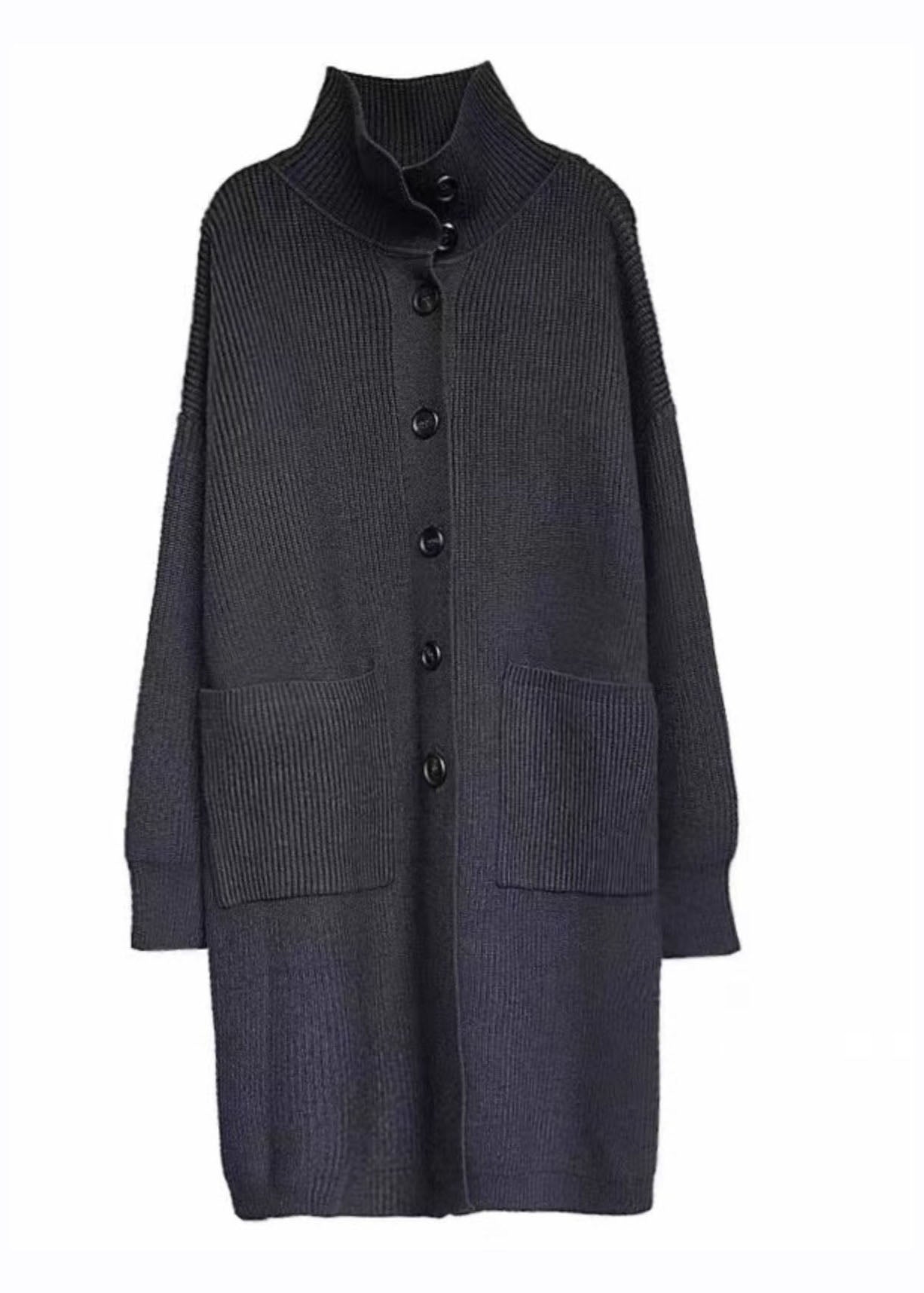 Grey Turtleneck Pockets Button Cozy Cotton Knit Sweaters Coats Long Sleeve