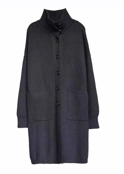 Grey Turtleneck Pockets Button Cozy Cotton Knit Sweaters Coats Long Sleeve