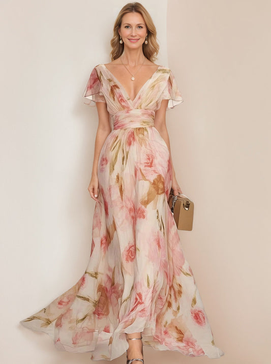 Floral Printed V-Neck Dress with Short Ruffled Sleeves