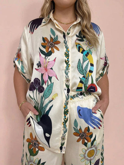 Nika | Resort Vibes Satin unique print shirt & trousers set Fit