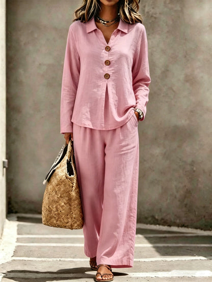 Cotton Button-Front Wide Leg Two-Piece Set