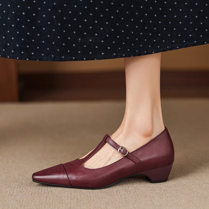Boria Genuine Leather T-strap Heels