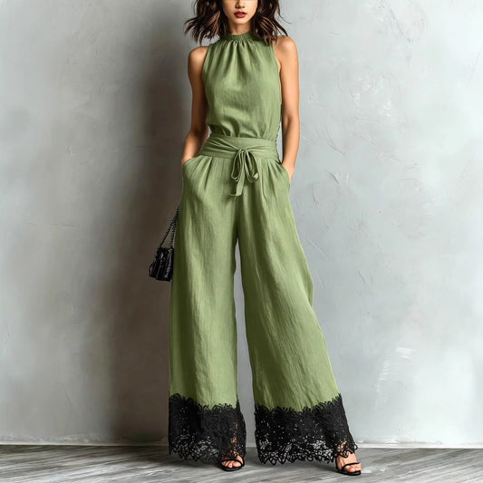 Halter Neck Lace-Trim Wide Leg Belted Jumpsuit