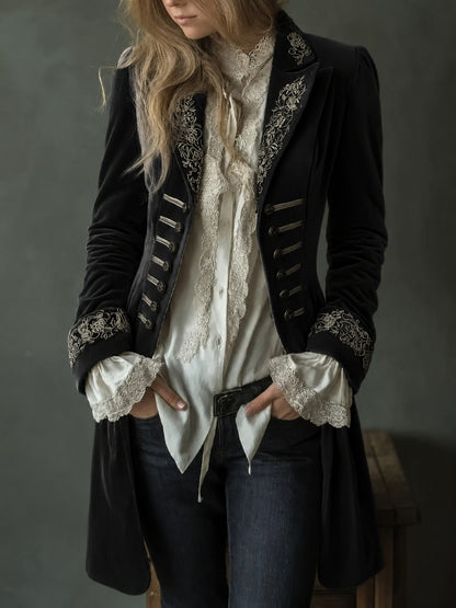 Velvet Embroidered Double-Breasted Longline Coat