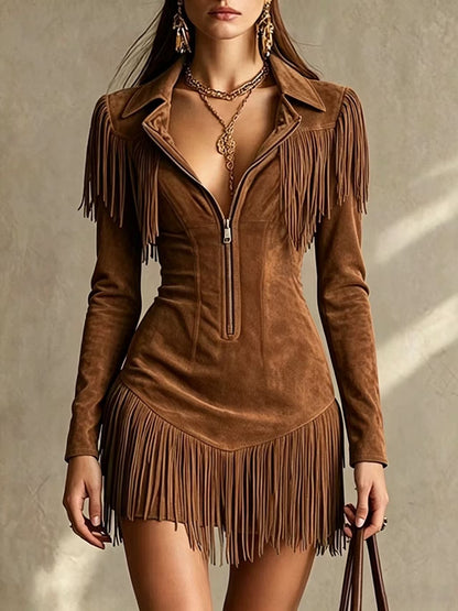Josephine | American Retro Suede Tassel Long-sleeved Mini dress Western Style