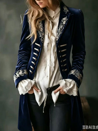 Velvet Embroidered Double-Breasted Longline Coat