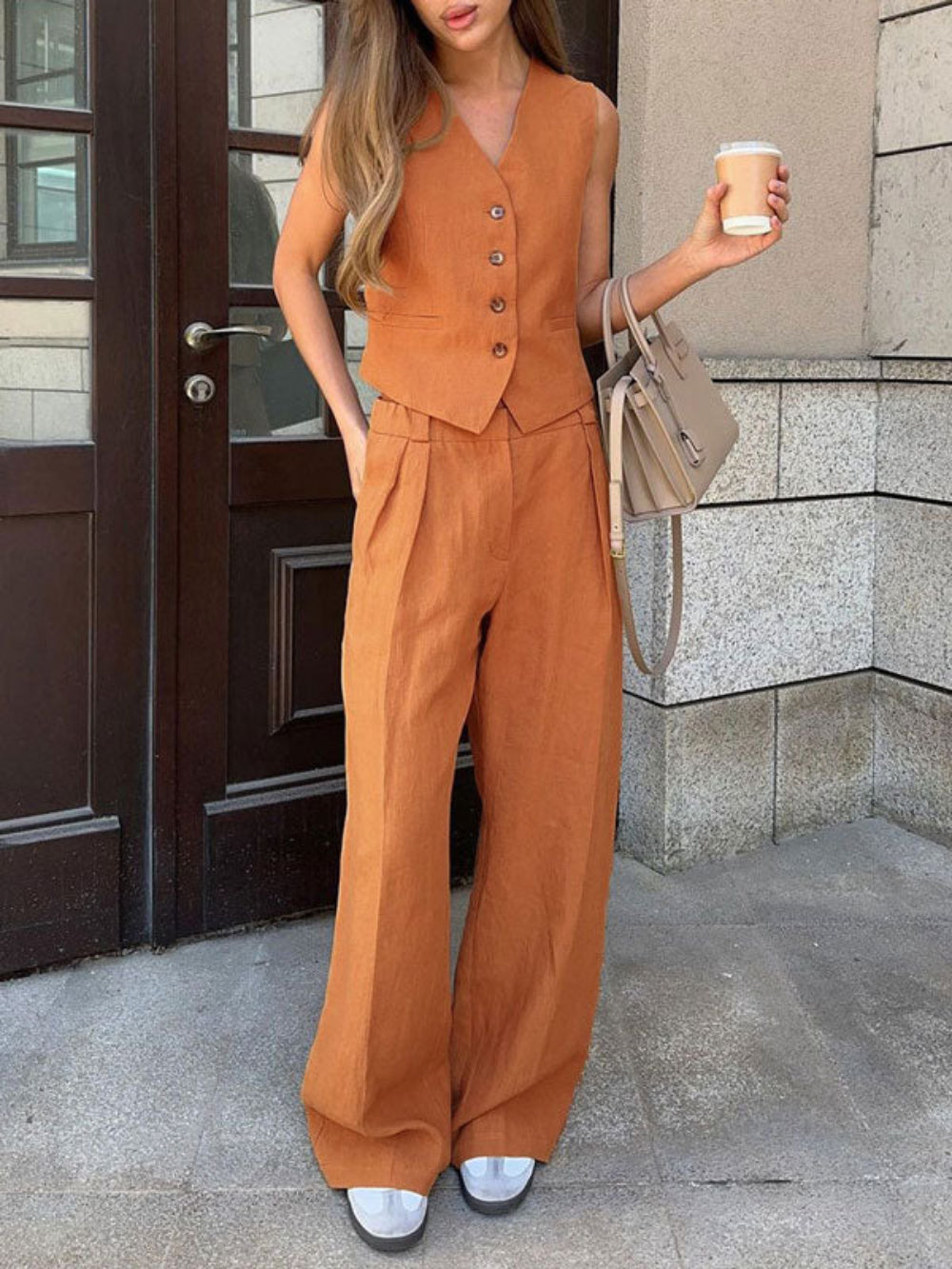 Sarah V-neck Pleated Wide-leg Pants Suit