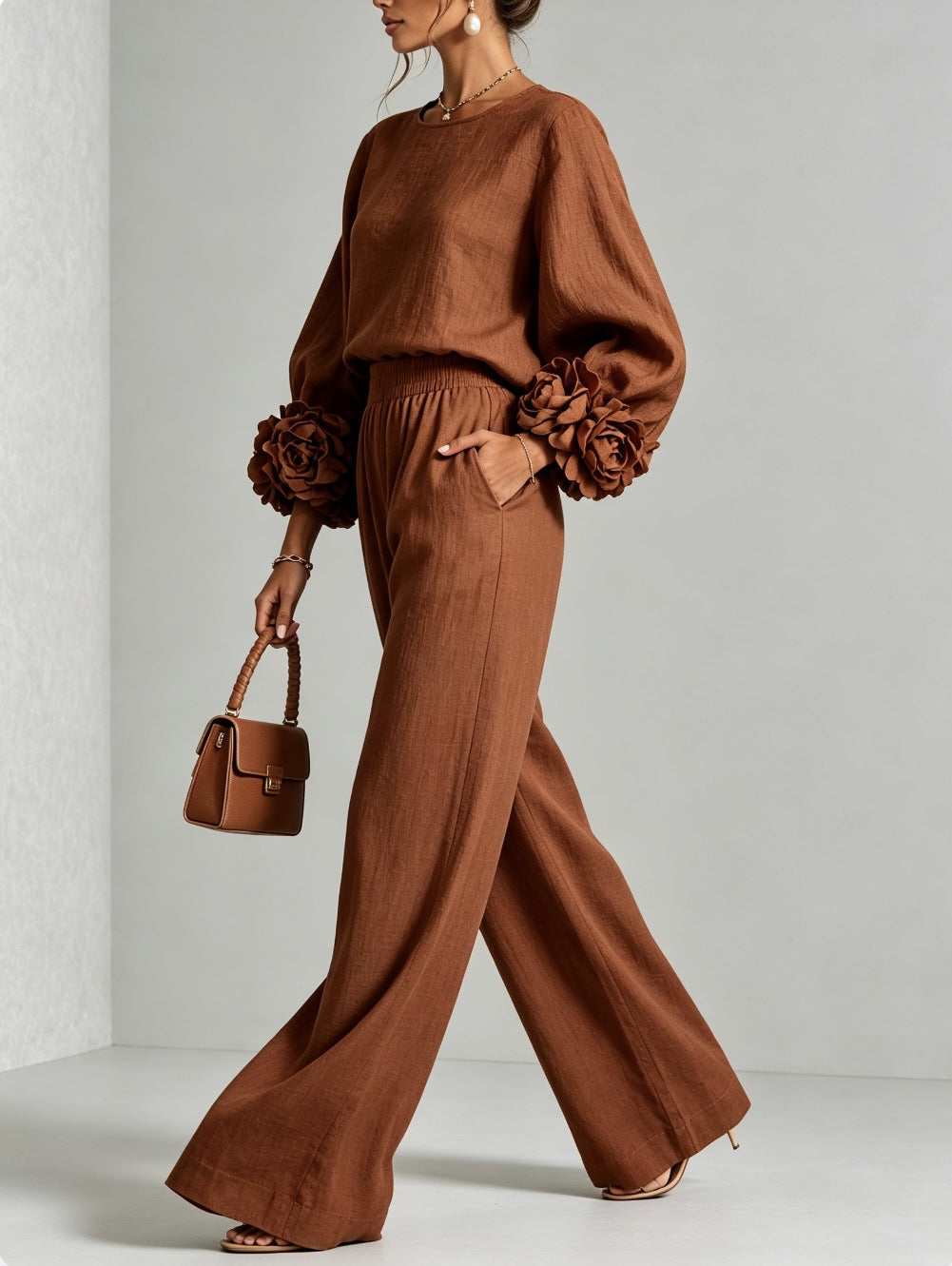Rosette Sleeve Wide Leg Two-Piece Set