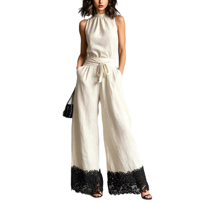 Halter Neck Lace-Trim Wide Leg Belted Jumpsuit