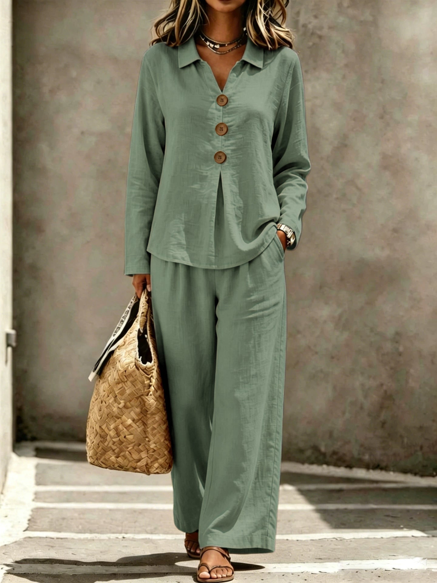 Cotton Button-Front Wide Leg Two-Piece Set