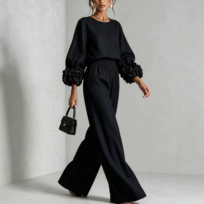 Rosette Sleeve Wide Leg Two-Piece Set