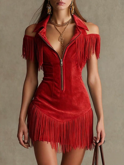 Julia | American Retro Suede Tassel Off-Shoulder Western Dress