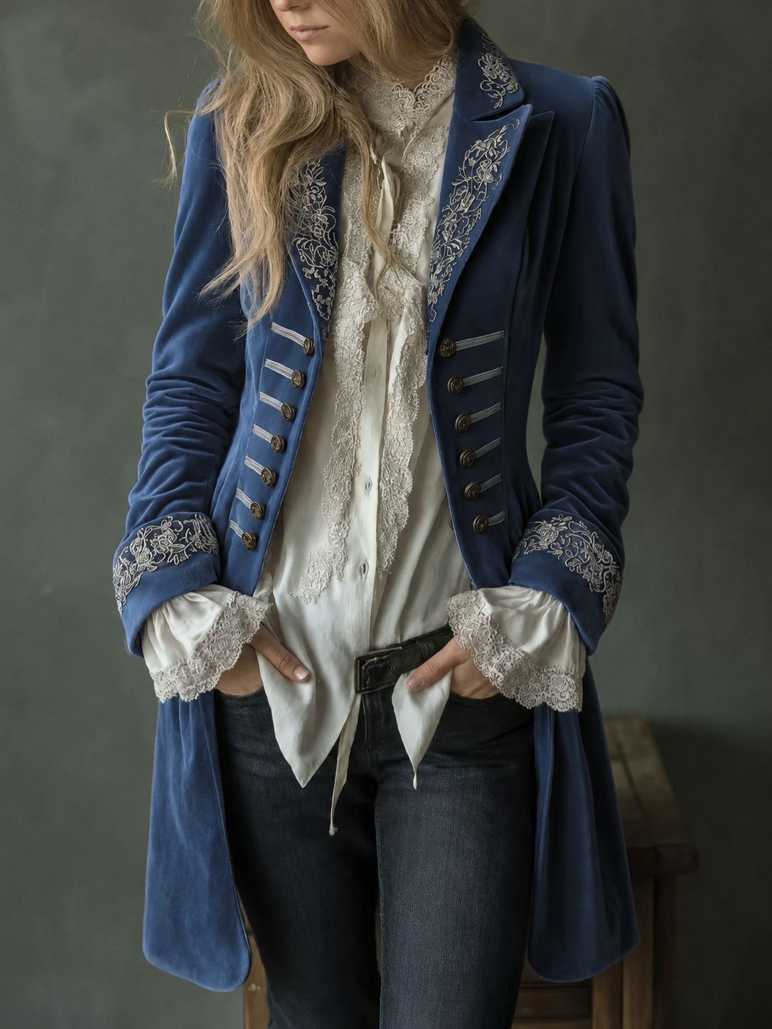 Velvet Embroidered Double-Breasted Longline Coat