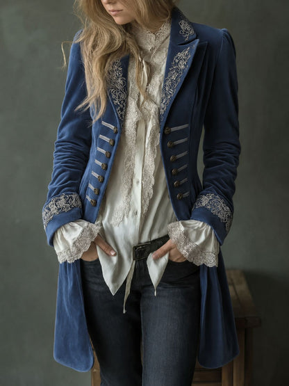 Velvet Embroidered Double-Breasted Longline Coat