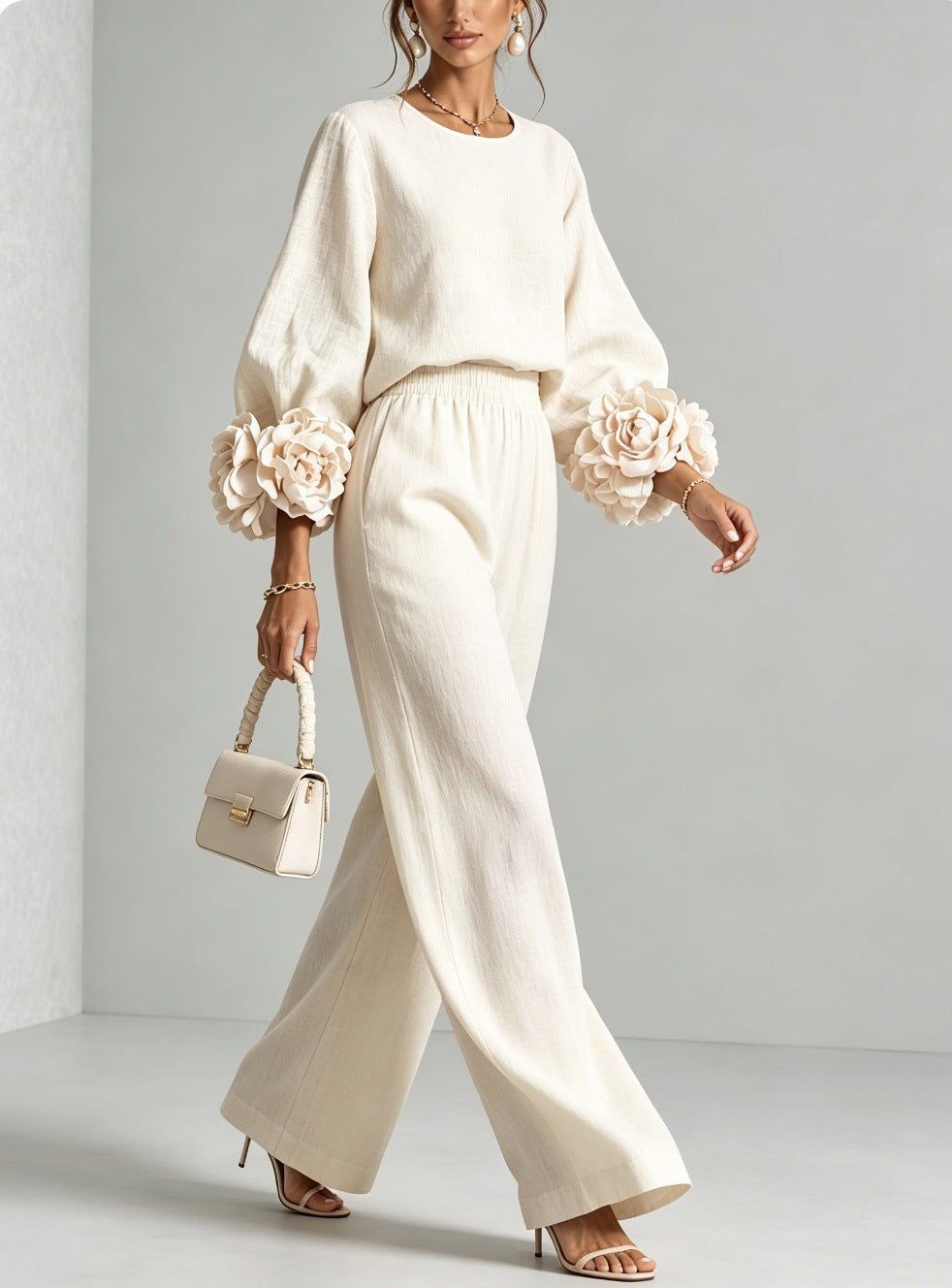 Rosette Sleeve Wide Leg Two-Piece Set