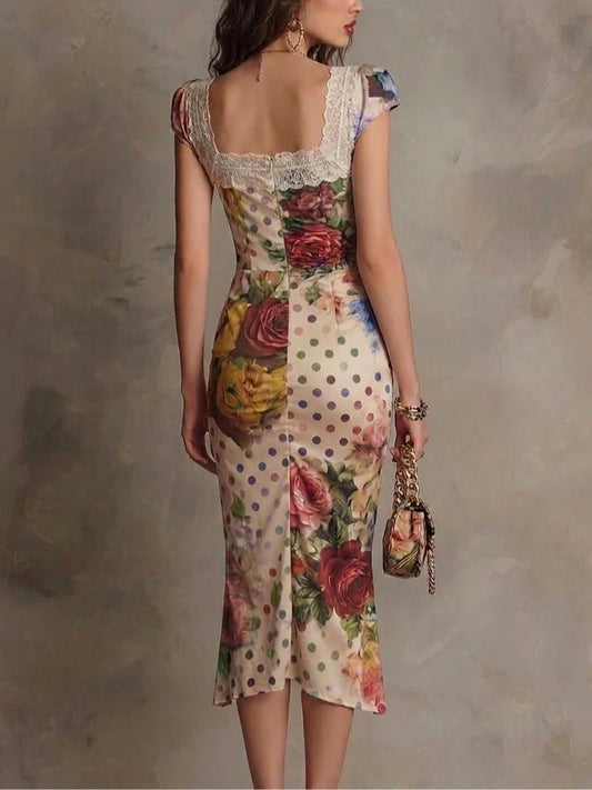 Lace-Trim Mixed Print Ruched Bodycon Midi Dress