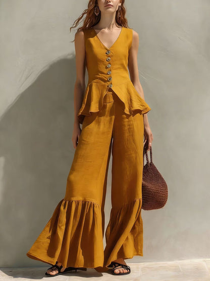 Button-Front Peplum Ruffle Wide Leg Two-Piece Set