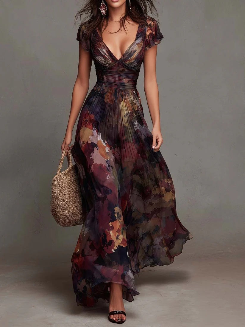 Watercolor Floral Pleated V-Neck Maxi Dress