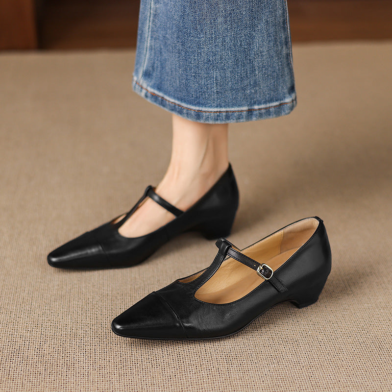 Boria Genuine Leather T-strap Heels