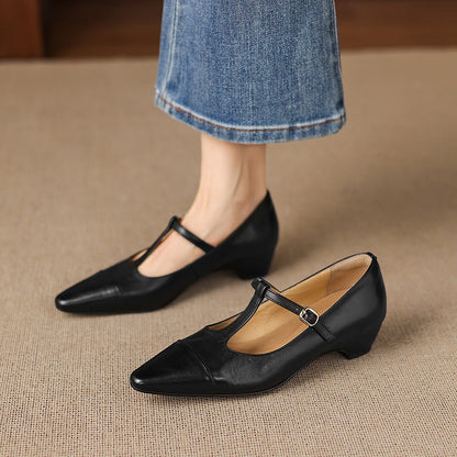 Boria Genuine Leather T-strap Heels