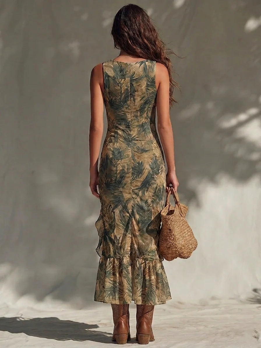 Palm Print Ruffle Ruched Slit Maxi Dress