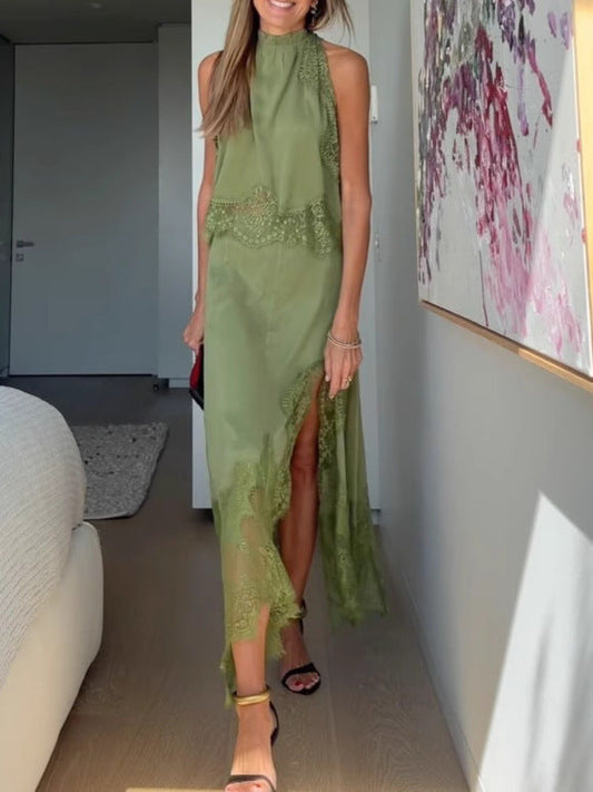 Marigold Lace Pleated Top + Irregular Slit Skirt Set