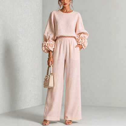 Rosette Sleeve Wide Leg Two-Piece Set