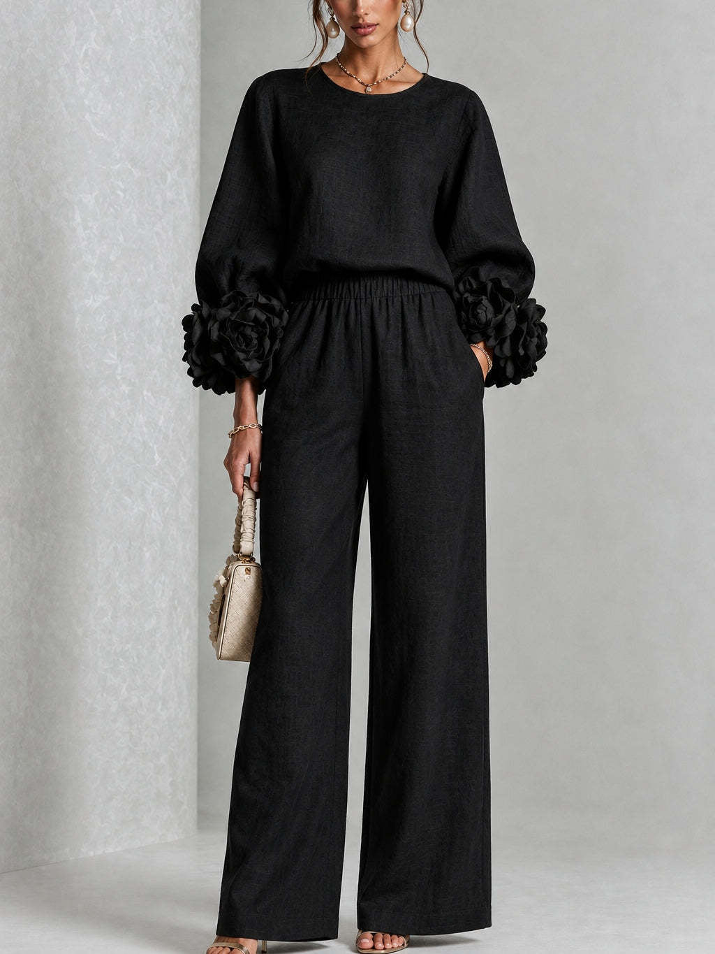 Rosette Sleeve Wide Leg Two-Piece Set