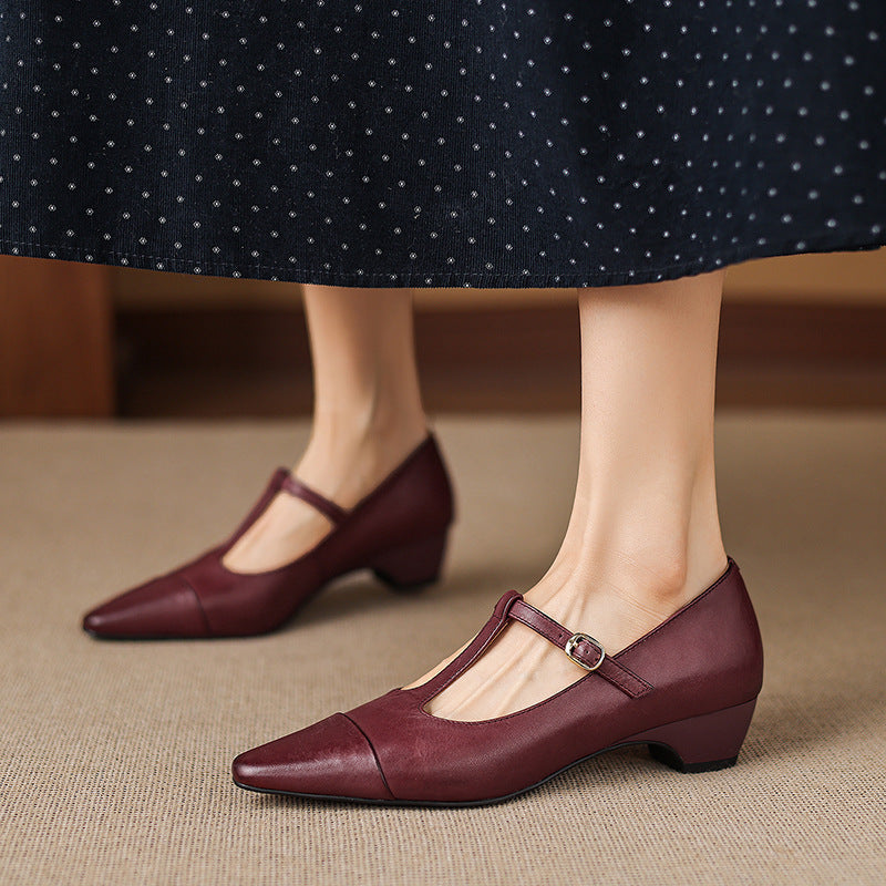 Boria Genuine Leather T-strap Heels