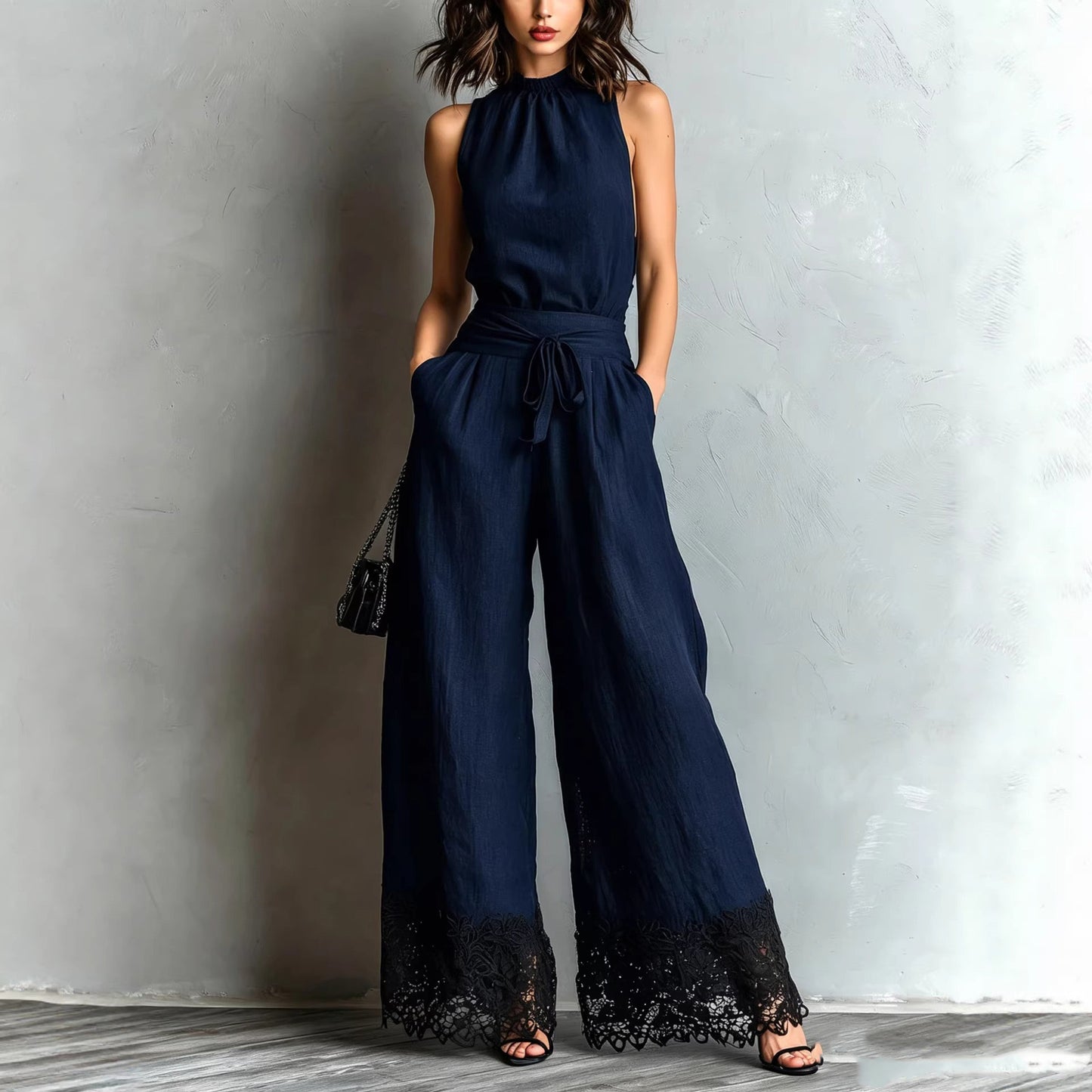 Halter Neck Lace-Trim Wide Leg Belted Jumpsuit