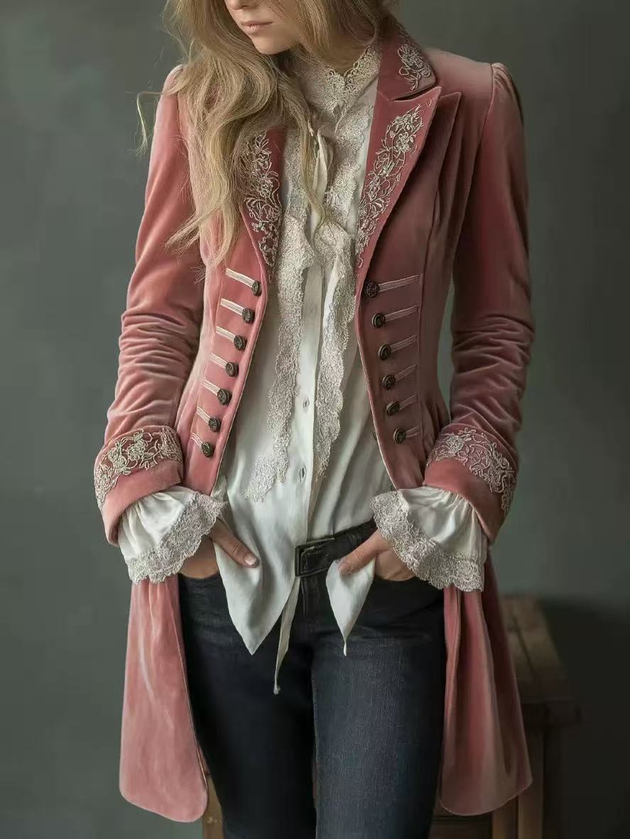 Velvet Embroidered Double-Breasted Longline Coat