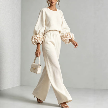Rosette Sleeve Wide Leg Two-Piece Set