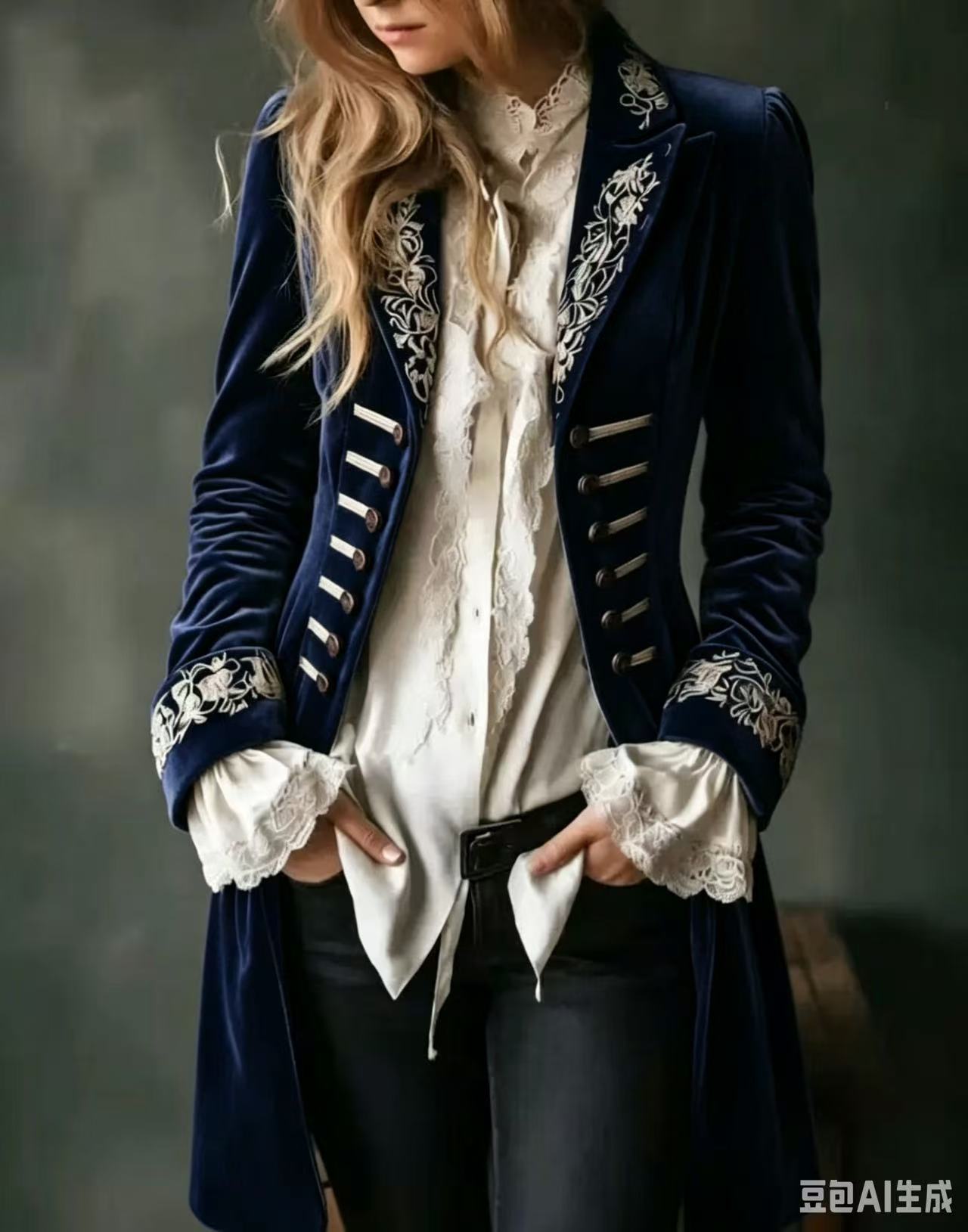 Velvet Embroidered Double-Breasted Longline Coat