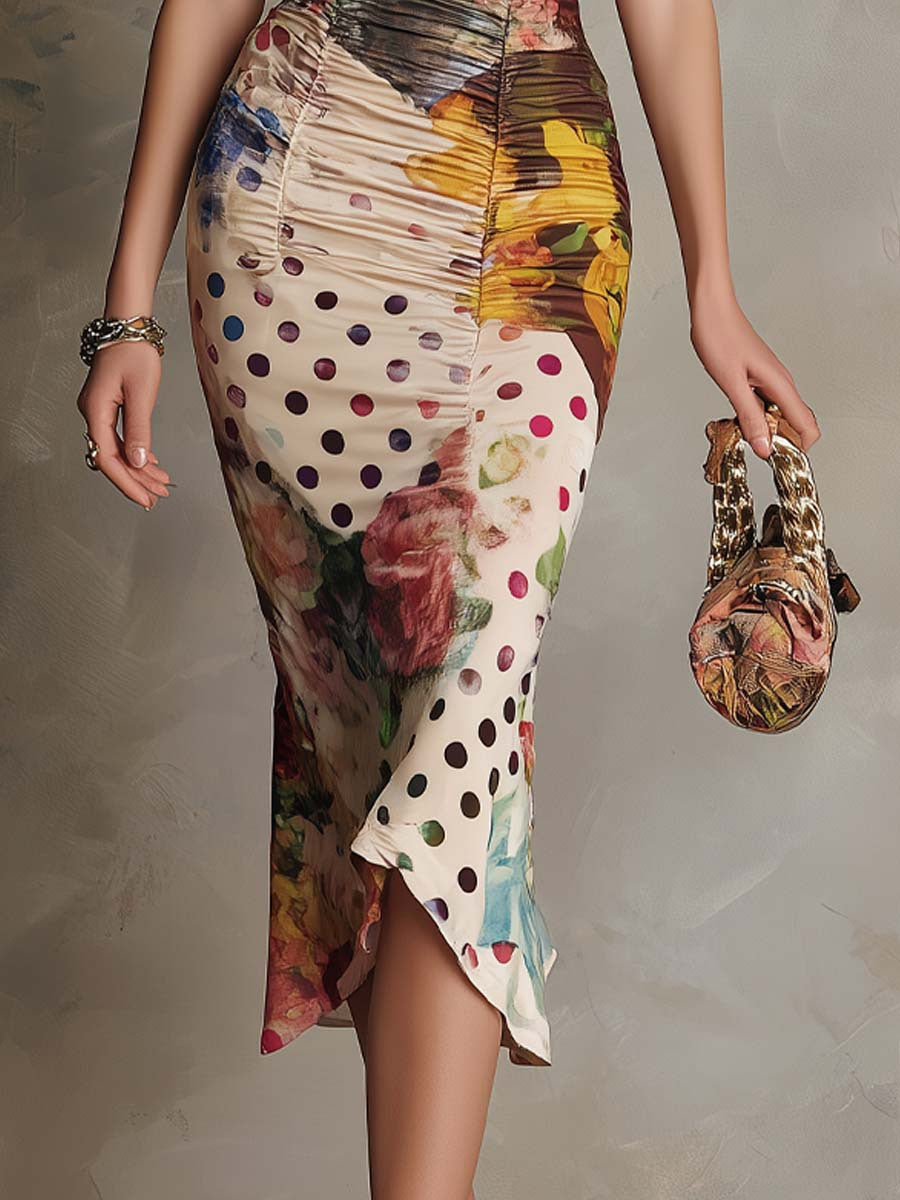 Lace-Trim Mixed Print Ruched Bodycon Midi Dress