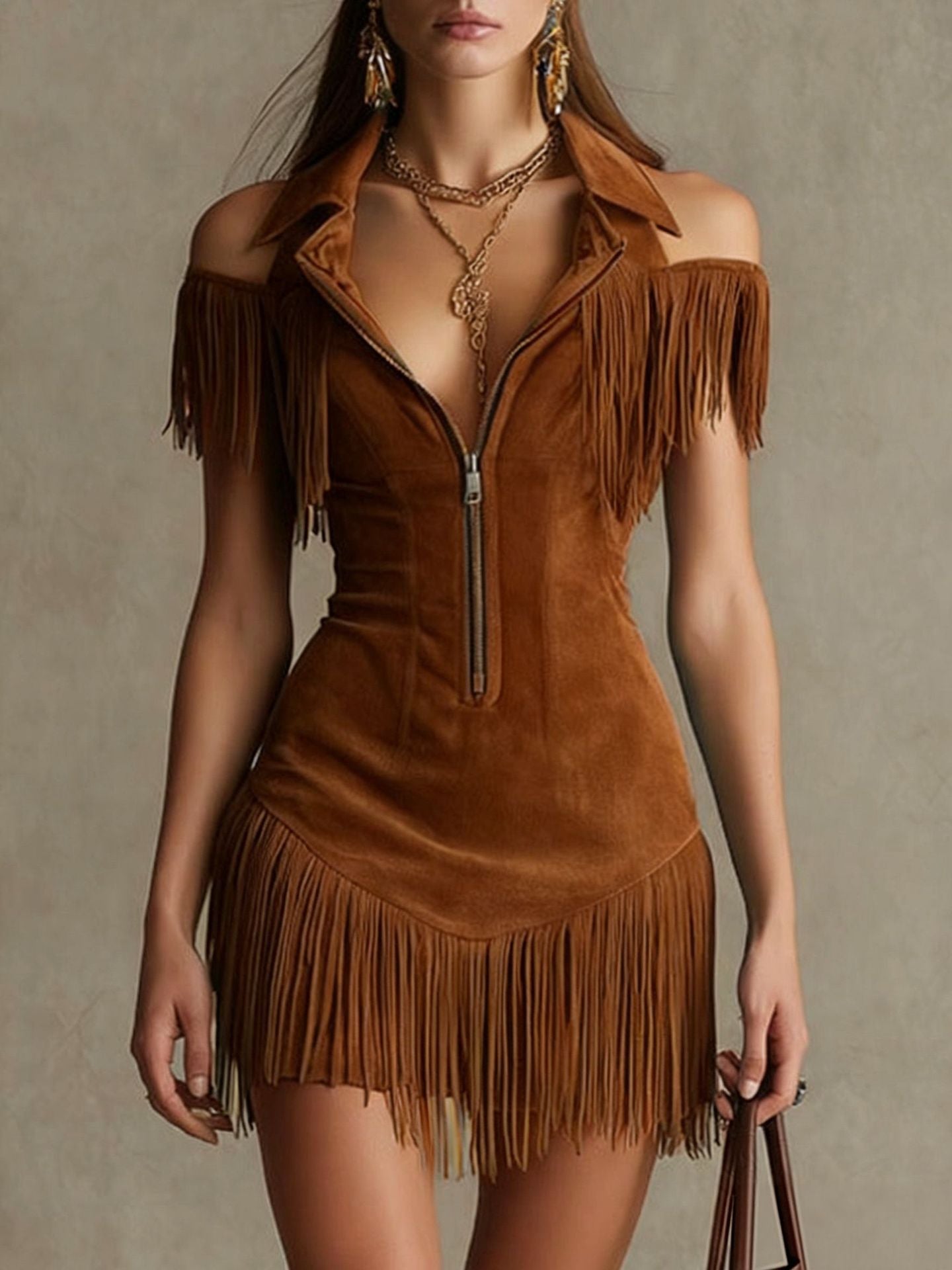 Julia | American Retro Suede Tassel Off-Shoulder Western Dress