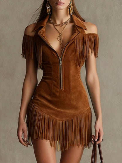 Julia | American Retro Suede Tassel Off-Shoulder Western Dress