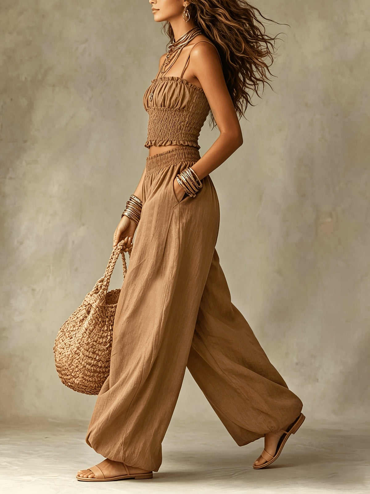 Smocked Crop Top Wide Leg Two-Piece Pants Set