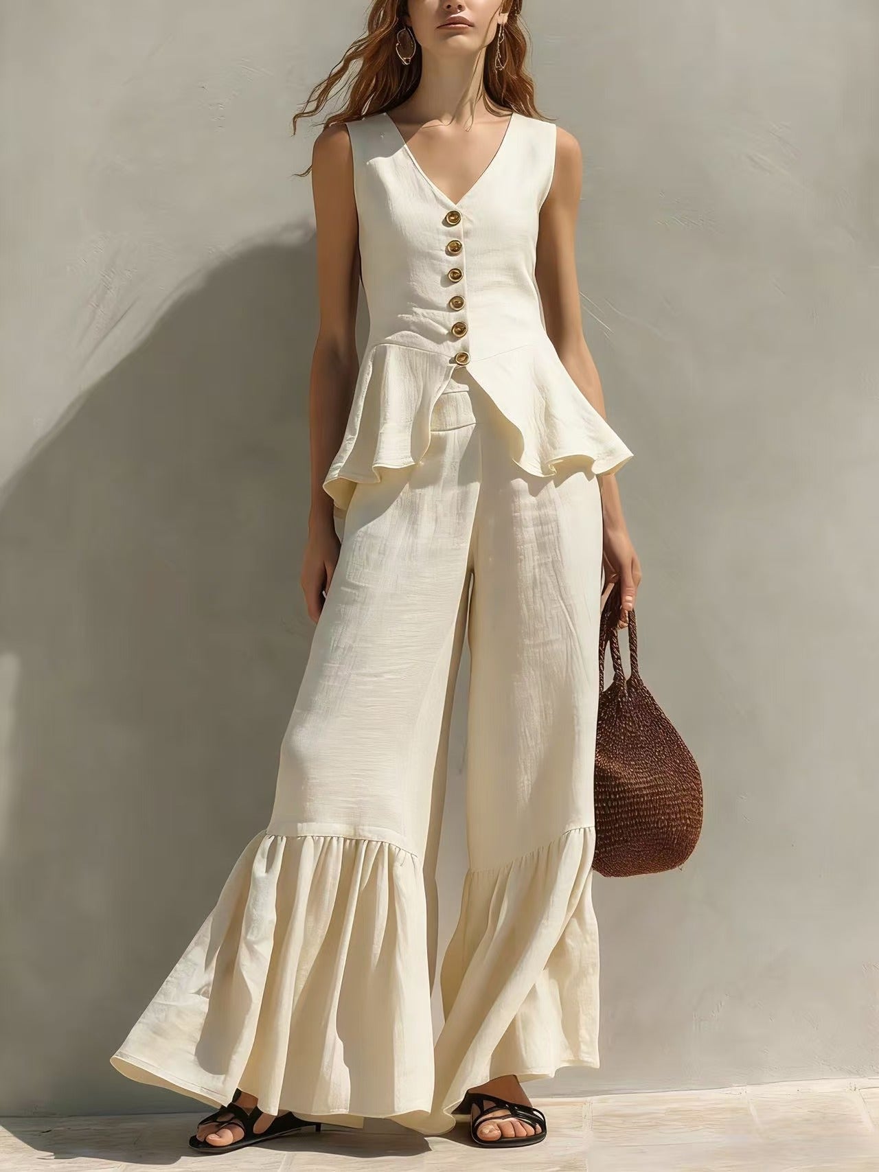 Button-Front Peplum Ruffle Wide Leg Two-Piece Set