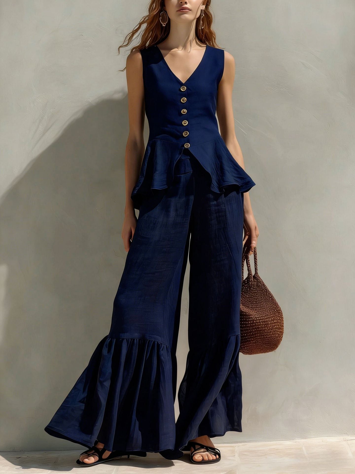 Button-Front Peplum Ruffle Wide Leg Two-Piece Set