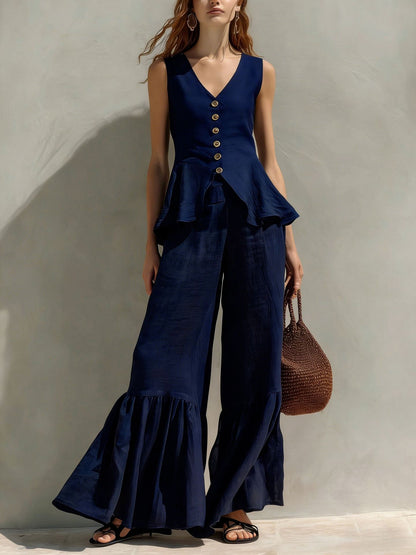 Button-Front Peplum Ruffle Wide Leg Two-Piece Set