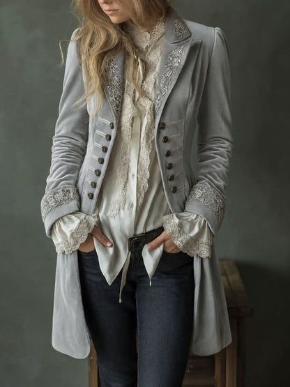 Velvet Embroidered Double-Breasted Longline Coat